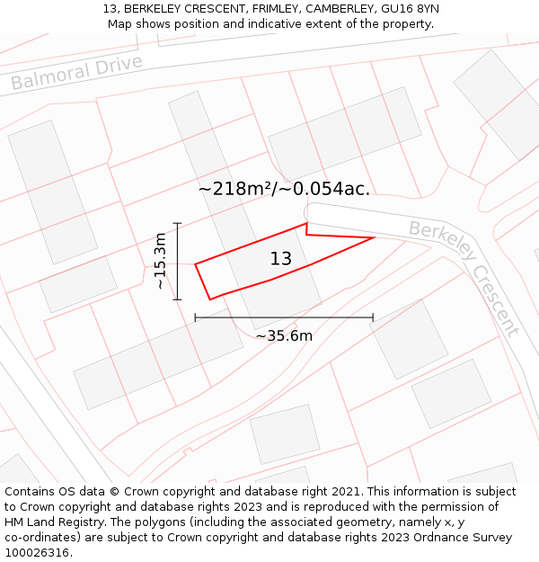 13, BERKELEY CRESCENT, FRIMLEY, CAMBERLEY, GU16 8YN: Plot and title map