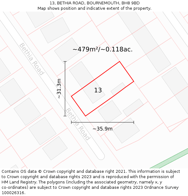13, BETHIA ROAD, BOURNEMOUTH, BH8 9BD: Plot and title map