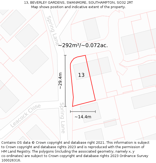 13, BEVERLEY GARDENS, SWANMORE, SOUTHAMPTON, SO32 2RT: Plot and title map