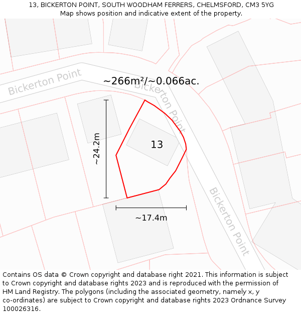 13, BICKERTON POINT, SOUTH WOODHAM FERRERS, CHELMSFORD, CM3 5YG: Plot and title map