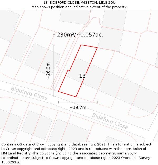 13, BIDEFORD CLOSE, WIGSTON, LE18 2QU: Plot and title map