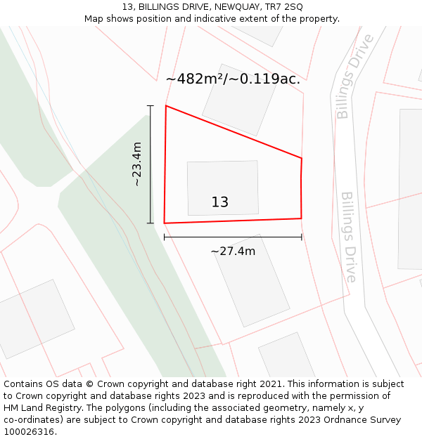 13, BILLINGS DRIVE, NEWQUAY, TR7 2SQ: Plot and title map