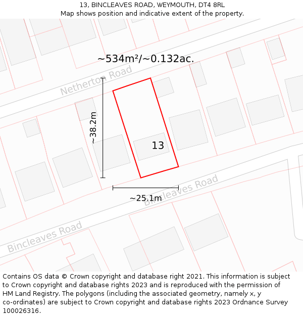 13, BINCLEAVES ROAD, WEYMOUTH, DT4 8RL: Plot and title map