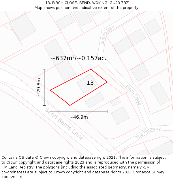 13, BIRCH CLOSE, SEND, WOKING, GU23 7BZ: Plot and title map
