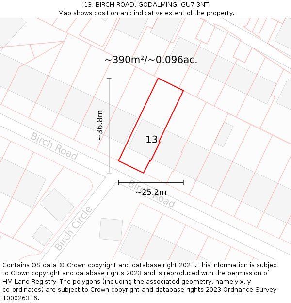 13, BIRCH ROAD, GODALMING, GU7 3NT: Plot and title map