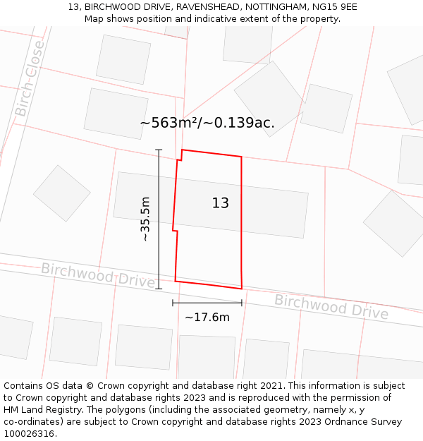 13, BIRCHWOOD DRIVE, RAVENSHEAD, NOTTINGHAM, NG15 9EE: Plot and title map