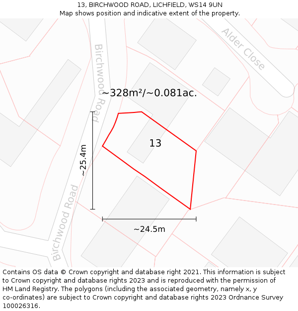 13, BIRCHWOOD ROAD, LICHFIELD, WS14 9UN: Plot and title map