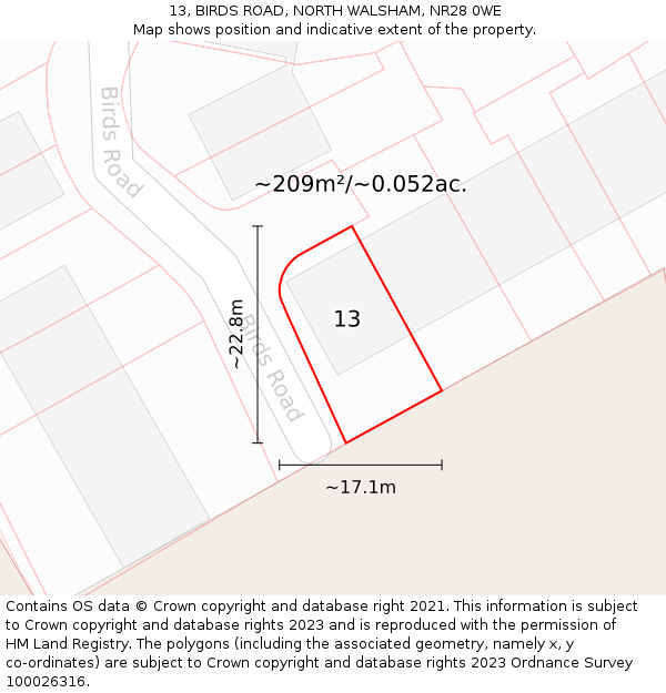 13, BIRDS ROAD, NORTH WALSHAM, NR28 0WE: Plot and title map
