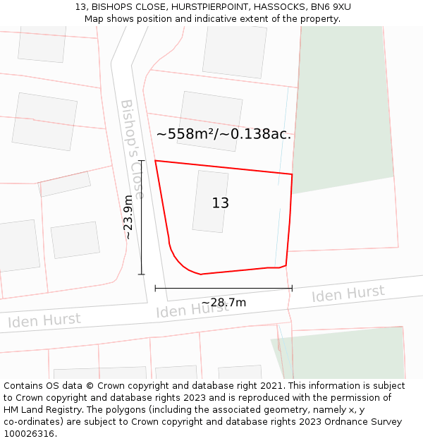13, BISHOPS CLOSE, HURSTPIERPOINT, HASSOCKS, BN6 9XU: Plot and title map