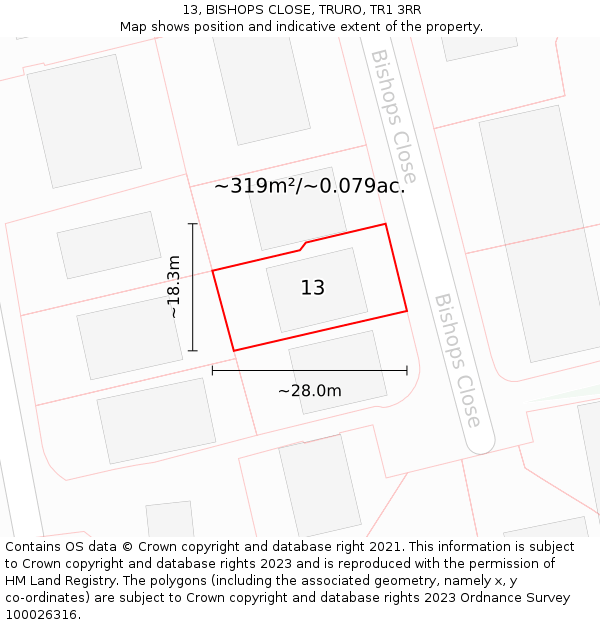 13, BISHOPS CLOSE, TRURO, TR1 3RR: Plot and title map