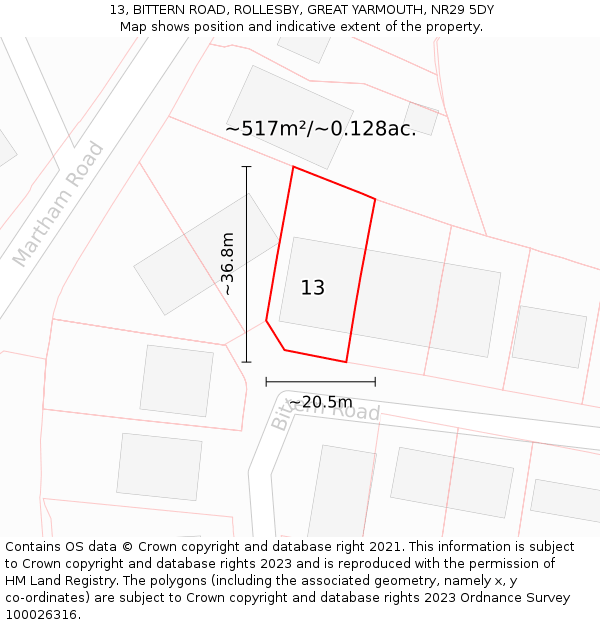 13, BITTERN ROAD, ROLLESBY, GREAT YARMOUTH, NR29 5DY: Plot and title map