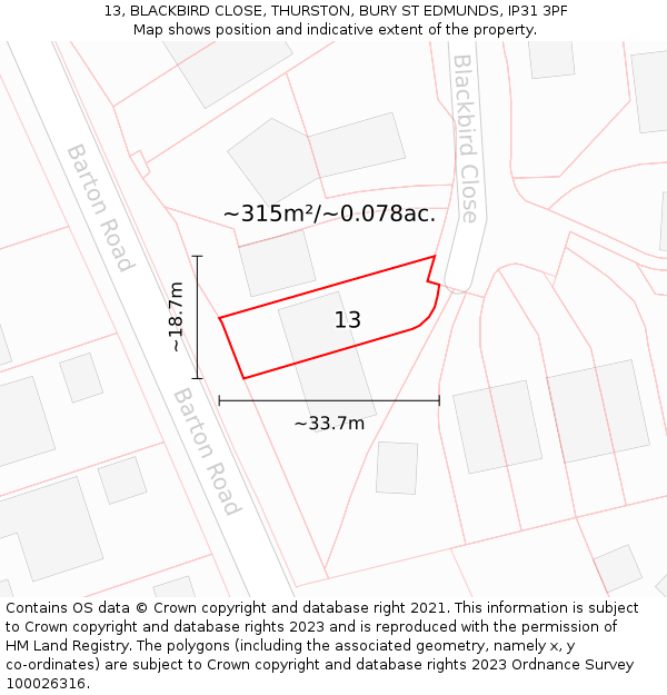 13, BLACKBIRD CLOSE, THURSTON, BURY ST EDMUNDS, IP31 3PF: Plot and title map