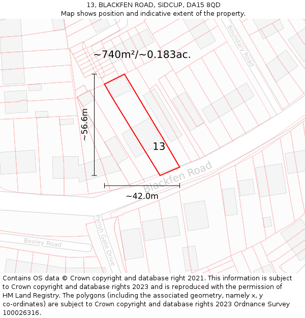 13, BLACKFEN ROAD, SIDCUP, DA15 8QD: Plot and title map