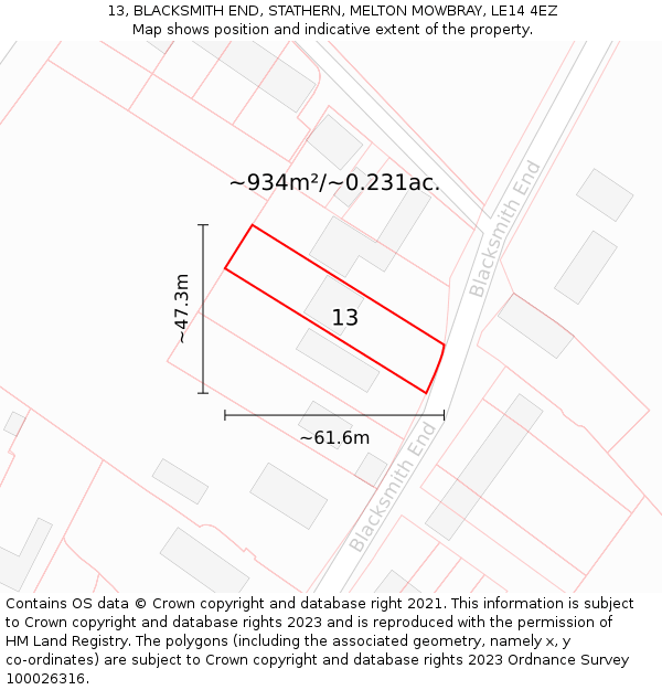 13, BLACKSMITH END, STATHERN, MELTON MOWBRAY, LE14 4EZ: Plot and title map