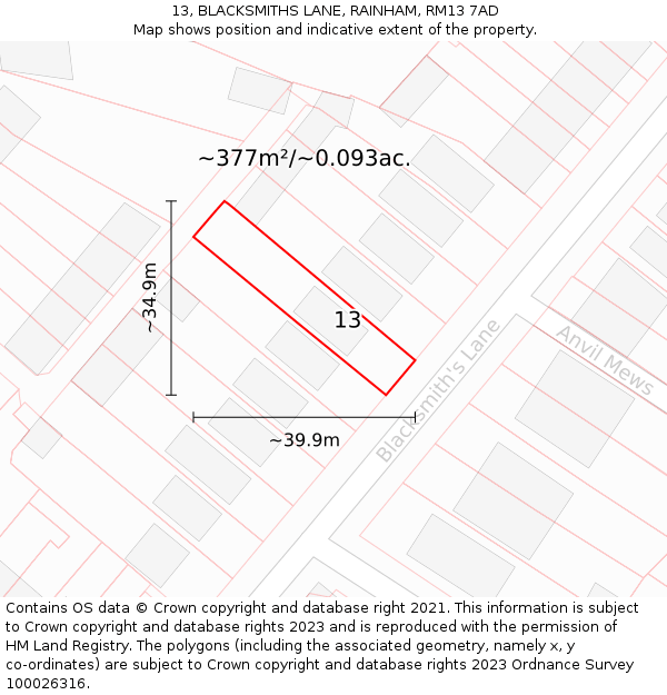 13, BLACKSMITHS LANE, RAINHAM, RM13 7AD: Plot and title map