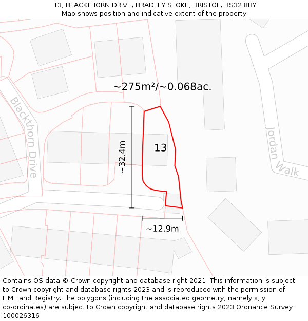 13, BLACKTHORN DRIVE, BRADLEY STOKE, BRISTOL, BS32 8BY: Plot and title map
