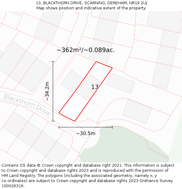 13, BLACKTHORN DRIVE, SCARNING, DEREHAM, NR19 2UJ: Plot and title map