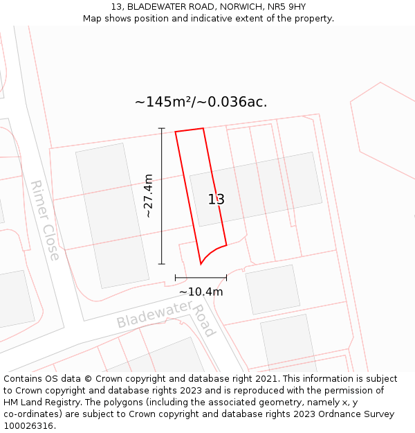 13, BLADEWATER ROAD, NORWICH, NR5 9HY: Plot and title map
