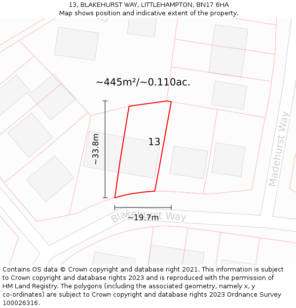 13, BLAKEHURST WAY, LITTLEHAMPTON, BN17 6HA: Plot and title map