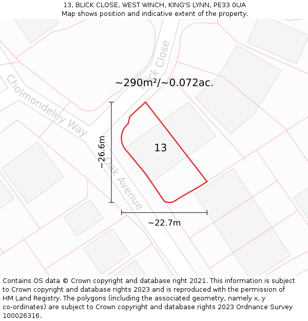 13, BLICK CLOSE, WEST WINCH, KING'S LYNN, PE33 0UA: Plot and title map