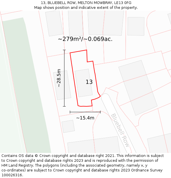 13, BLUEBELL ROW, MELTON MOWBRAY, LE13 0FG: Plot and title map