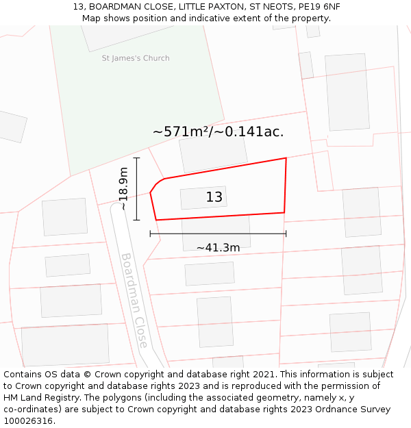 13, BOARDMAN CLOSE, LITTLE PAXTON, ST NEOTS, PE19 6NF: Plot and title map