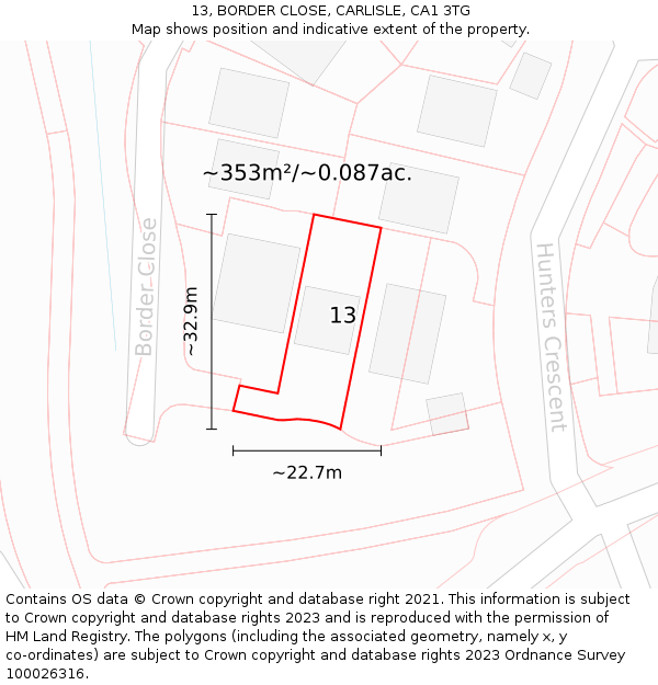 13, BORDER CLOSE, CARLISLE, CA1 3TG: Plot and title map