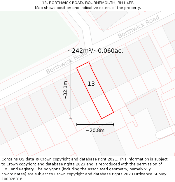 13, BORTHWICK ROAD, BOURNEMOUTH, BH1 4ER: Plot and title map