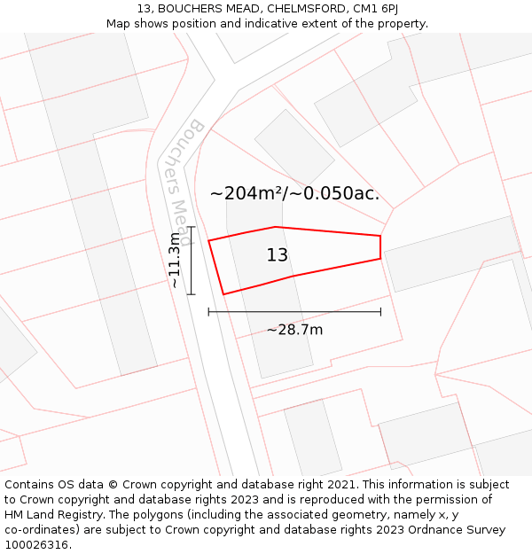 13, BOUCHERS MEAD, CHELMSFORD, CM1 6PJ: Plot and title map