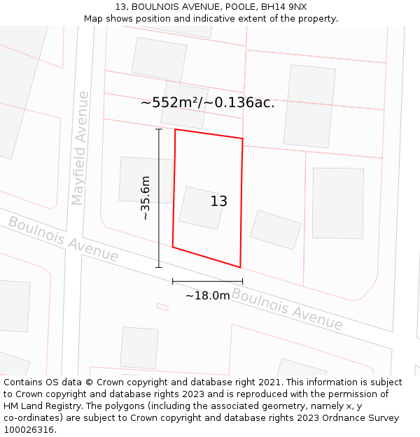 13, BOULNOIS AVENUE, POOLE, BH14 9NX: Plot and title map