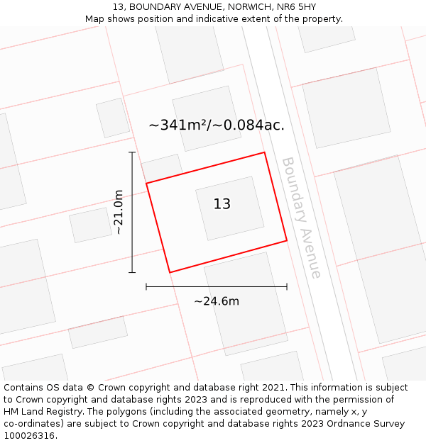 13, BOUNDARY AVENUE, NORWICH, NR6 5HY: Plot and title map