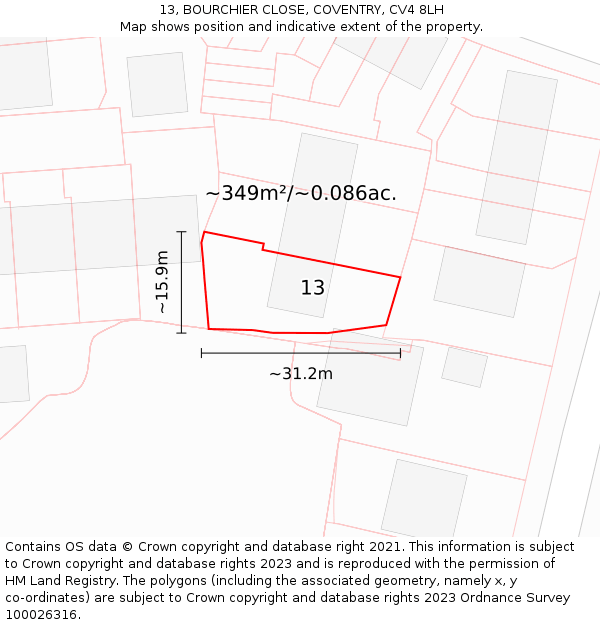 13, BOURCHIER CLOSE, COVENTRY, CV4 8LH: Plot and title map