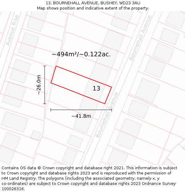 13, BOURNEHALL AVENUE, BUSHEY, WD23 3AU: Plot and title map
