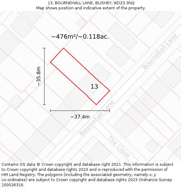 13, BOURNEHALL LANE, BUSHEY, WD23 3NQ: Plot and title map