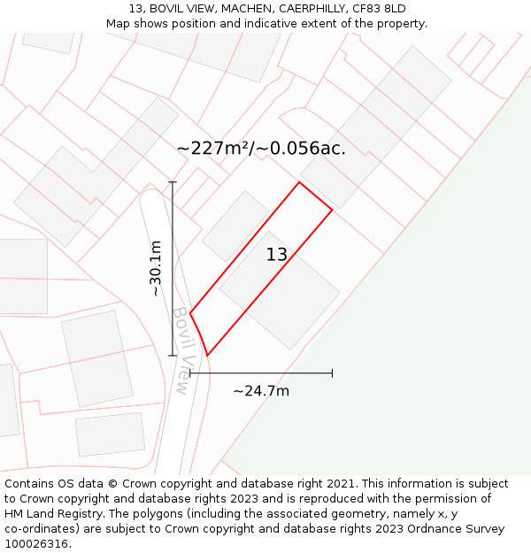 13, BOVIL VIEW, MACHEN, CAERPHILLY, CF83 8LD: Plot and title map