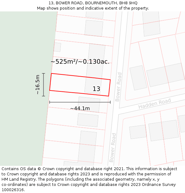 13, BOWER ROAD, BOURNEMOUTH, BH8 9HQ: Plot and title map