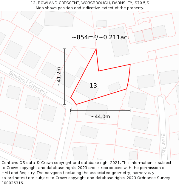 13, BOWLAND CRESCENT, WORSBROUGH, BARNSLEY, S70 5JS: Plot and title map
