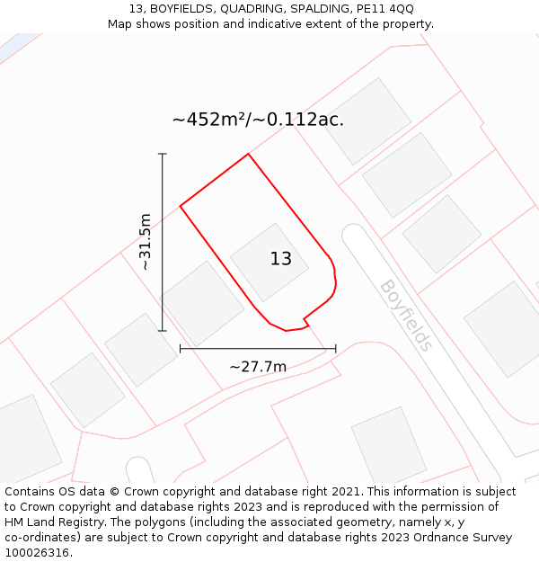 13, BOYFIELDS, QUADRING, SPALDING, PE11 4QQ: Plot and title map