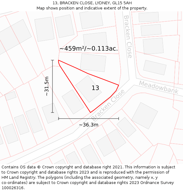 13, BRACKEN CLOSE, LYDNEY, GL15 5AH: Plot and title map