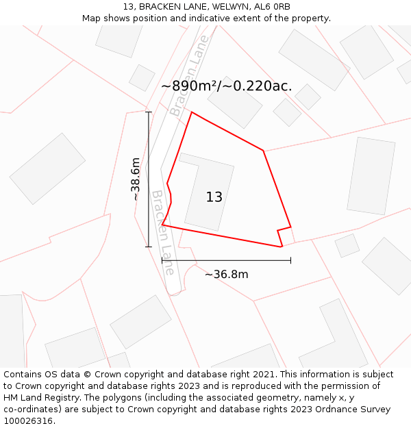 13, BRACKEN LANE, WELWYN, AL6 0RB: Plot and title map