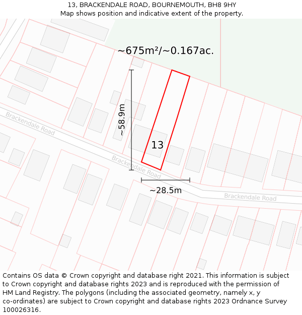 13, BRACKENDALE ROAD, BOURNEMOUTH, BH8 9HY: Plot and title map
