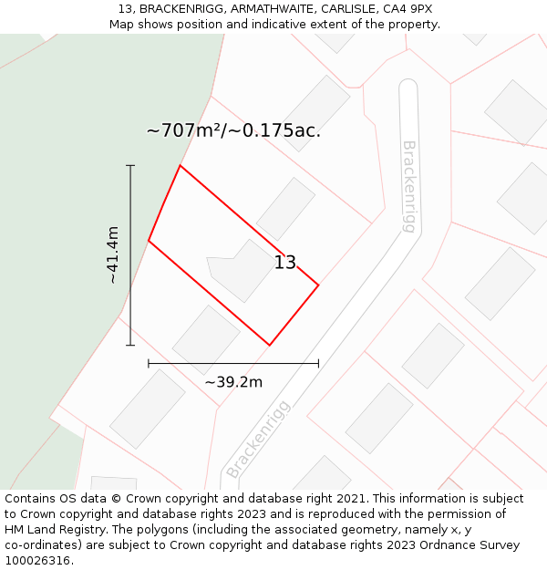 13, BRACKENRIGG, ARMATHWAITE, CARLISLE, CA4 9PX: Plot and title map