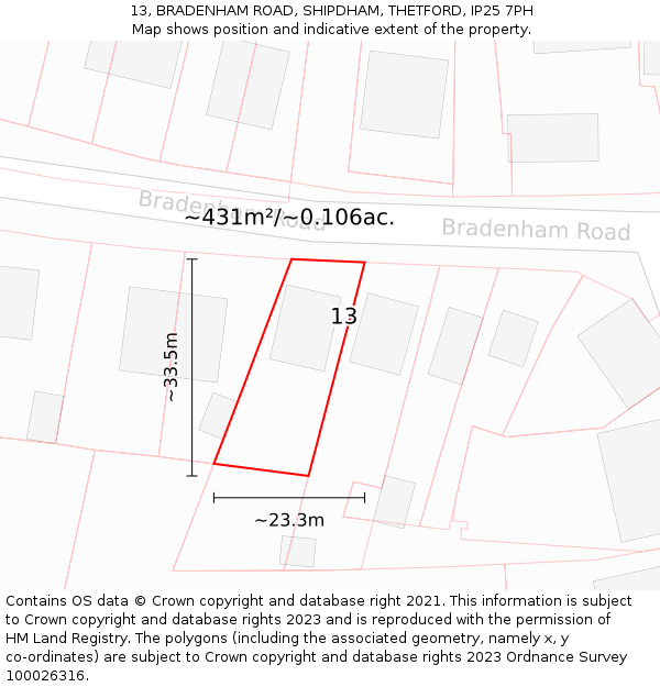 13, BRADENHAM ROAD, SHIPDHAM, THETFORD, IP25 7PH: Plot and title map
