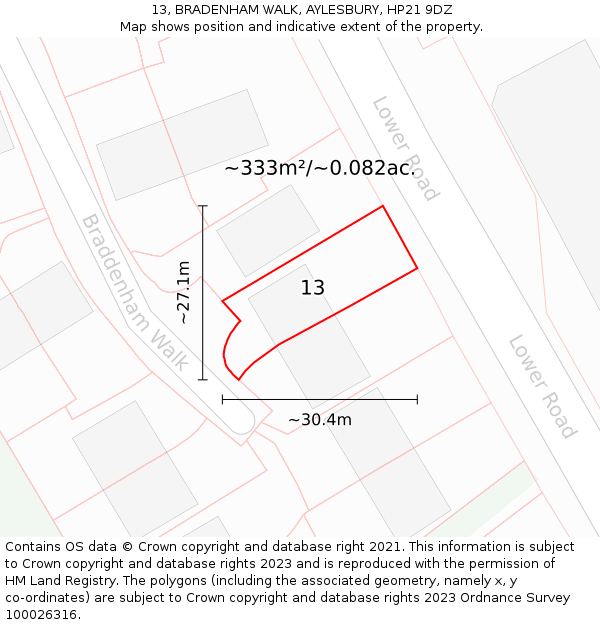 13, BRADENHAM WALK, AYLESBURY, HP21 9DZ: Plot and title map