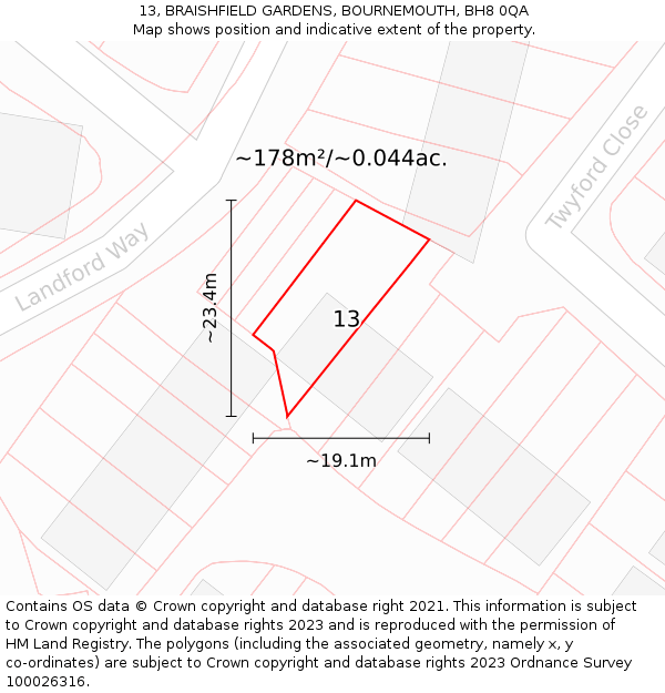 13, BRAISHFIELD GARDENS, BOURNEMOUTH, BH8 0QA: Plot and title map