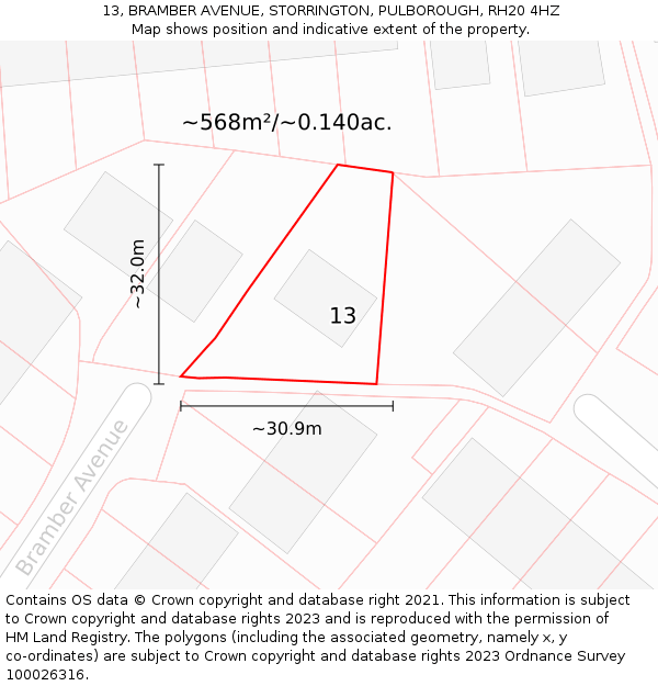 13, BRAMBER AVENUE, STORRINGTON, PULBOROUGH, RH20 4HZ: Plot and title map