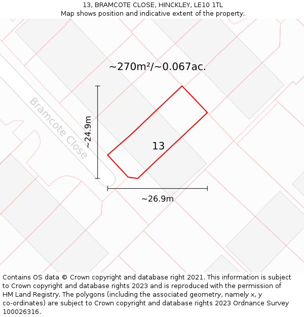 13, BRAMCOTE CLOSE, HINCKLEY, LE10 1TL: Plot and title map
