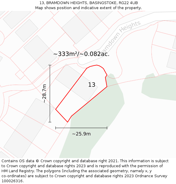 13, BRAMDOWN HEIGHTS, BASINGSTOKE, RG22 4UB: Plot and title map