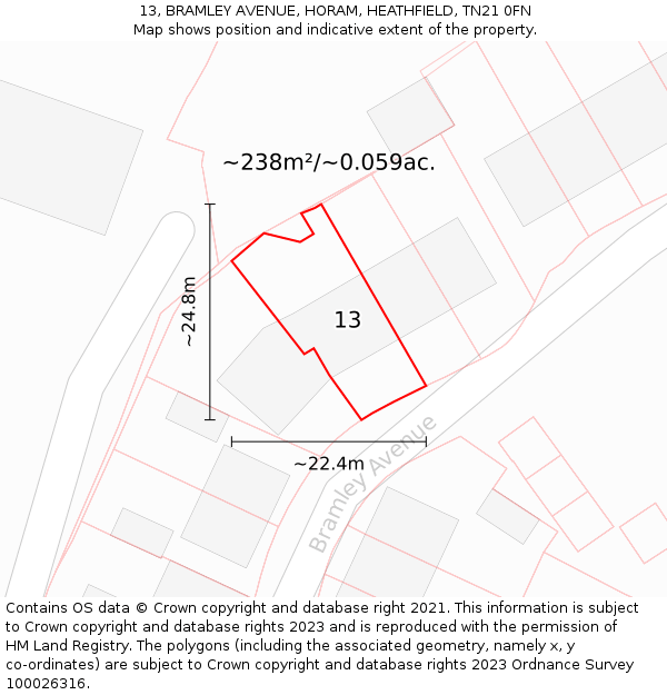 13, BRAMLEY AVENUE, HORAM, HEATHFIELD, TN21 0FN: Plot and title map