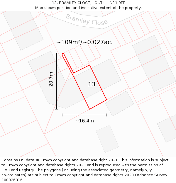 13, BRAMLEY CLOSE, LOUTH, LN11 9FE: Plot and title map